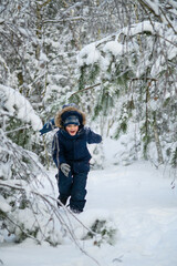 Little boy walking and playing in snowy winter forest. Natural childhood, winter season, outdoor lifestyle, family leisure, exploration and connection with nature.