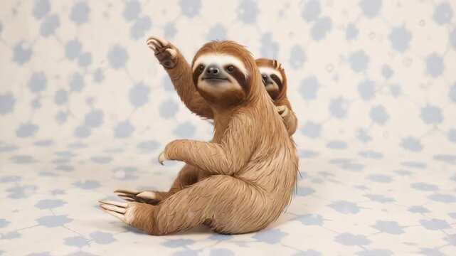 Two adorable sloths playfully interacting on a light colored background adorned with soft floral patterns, showcasing their unique features and calm demeanor