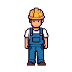Fototapeta premium Pixel art construction worker in hard hat and overalls.