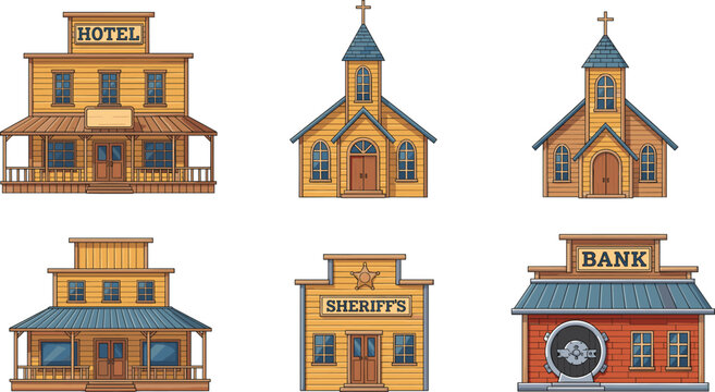 Wild West Town Building Illustration Set with Hotel, Church, Sheriff Office, Bank, and Classic Western Architecture Designs