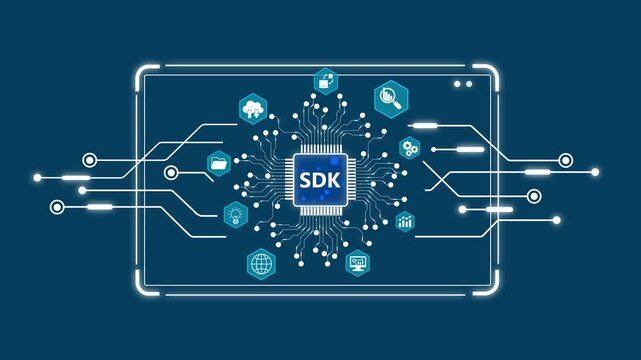 Software Development Kit S D K and Circuit Board on Dark Blue Background Technology and Programming Concept
