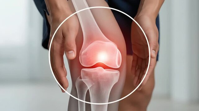 Person holding knee with glowing red pain indication showing joint injury or inflammation medical concept