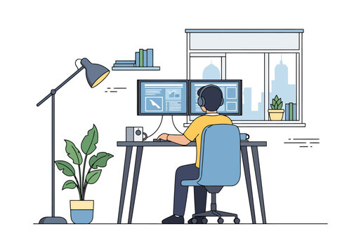 Creative professional works on dual monitors at desk in modern home office with window view and plants