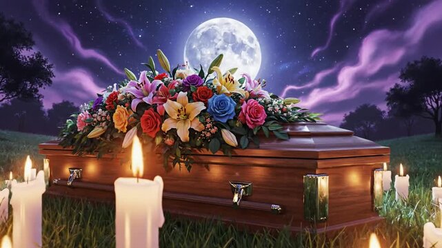 Solemn Coffin Vigil: Candles and Moonlit Night, Funeral Mourning Concept, Cinematic Footage