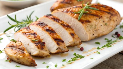 Angled Close-Up of Grilled Chicken Breast Portions on Dish, Wide Composition on white background