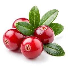 Angled Close-Up of Ripe Cranberries with Green Leaves on Clean Background, Wide Ratio on white background