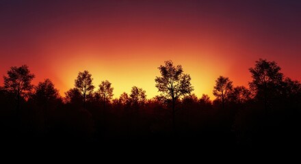 Dramatic silhouette of dense woodland trees against a vibrant gradient sunset sky, creating a moody and isolated atmosphere, silhouette, trees, dramatic