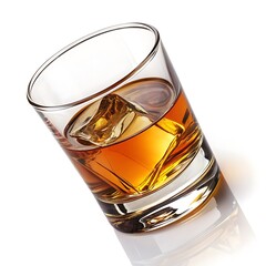 Close-Up Angled View of a Glass Shot Filled with Golden Whiskey, Vertical Composition on white background