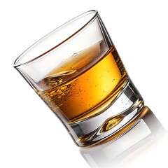 Close-Up Angled View of a Glass Shot Filled with Golden Whiskey, Vertical Composition on white background