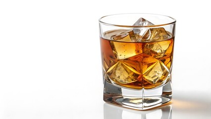 Close-Up Angled View of a Glass Shot Filled with Golden Whiskey, Vertical Composition on white background
