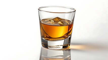 Close-Up Angled View of a Glass Shot Filled with Golden Whiskey, Vertical Composition on white background