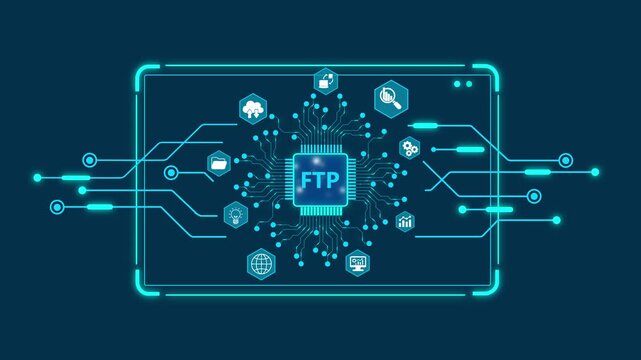 F T P File Transfer Protocol Concept with Circuit Board and on Dark Background technology data transfer