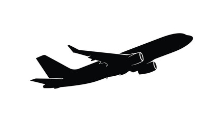 A stark black silhouette of a large passenger airplane in flight against a plain white background capturing aerial travel silhouette