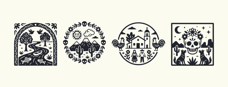 Traditional Mexican Folk Art Icons SetTraditional Mexican Folk Art Icons Set