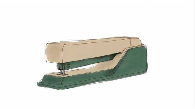 Close-up of a modern stapler in soft tones of beige and green, resting on a white background, emphasizing the ergonomic design and functionality