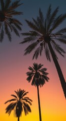Vibrant, stylized palm trees against a fading sunset background capture the nostalgia of a bygone era of endless summer days, foliage, summer, classic