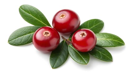Macro Top-Down View of Three Fresh Red Cranberries with Green Leaves, Square Format on white background