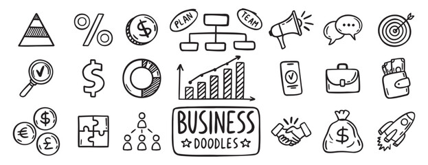 business doodle hand drawn icon set. Outline drawing business line clipart symbol collection