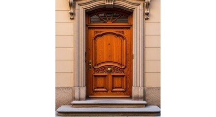 A classic residential entryway featuring a highly detailed wooden front door, threshold, steps, and decorative surrounding architecture, classic, exterior design, doorway