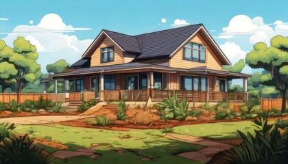 Charming Two-Story House with Wrap-Around Porch in a Lush Landscape.