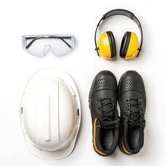 Top-Down Flat Lay of Construction Safety Gear with Hard Hat, Boots, and Goggles, Square Format on white background
