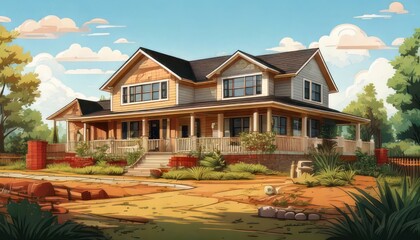 Charming Two-Story House with Wrap-Around Porch in Sunny Landscape.