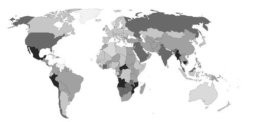 A 3D vector illustration of a global world map featuring earth's continents from Europe to America on a black background for geography and business travel