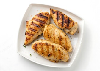 Top-Down View of Juicy Grilled Chicken Breast Pieces Served on a Plate, Square Format on white background