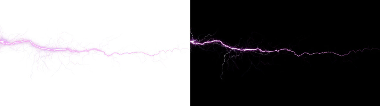 Pink lightning bolt overlay isolated. Horizontal electric discharge with magenta glow. Abstract thunderbolt strike design element. High voltage power energy flash illustration.