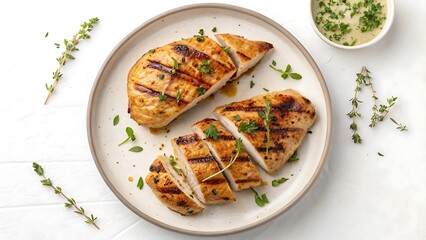 Top-Down View of Juicy Grilled Chicken Breast Pieces Served on a Plate, Square Format on white background