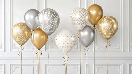 Vertical Composition of Sophisticated Birthday Balloons in a Refined Party Setting on white background