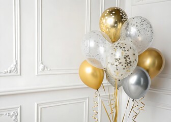 Vertical Composition of Sophisticated Birthday Balloons in a Refined Party Setting on white background