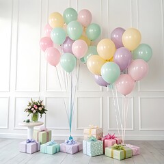 Wide-Angle View of Elegant Birthday Balloons Arranged for a Celebration, Landscape Ratio on white background