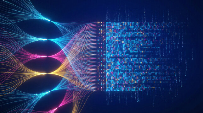 Big data technology and data science illustration. Data flow concept. Querying, analysing, visualizing complex information. Neural network for artificial intelligence. Data mining. Business analytics.