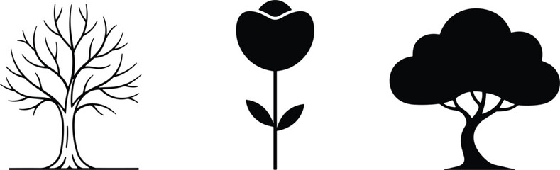 Nature plant icon set tree flower forest silhouette garden environment symbols minimal black white vector illustration design collection