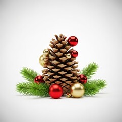 Festive arrangement of pine cones, green boughs, and shiny red and gold ornaments, perfect for winter holiday greeting card design, inviting, composition, texture