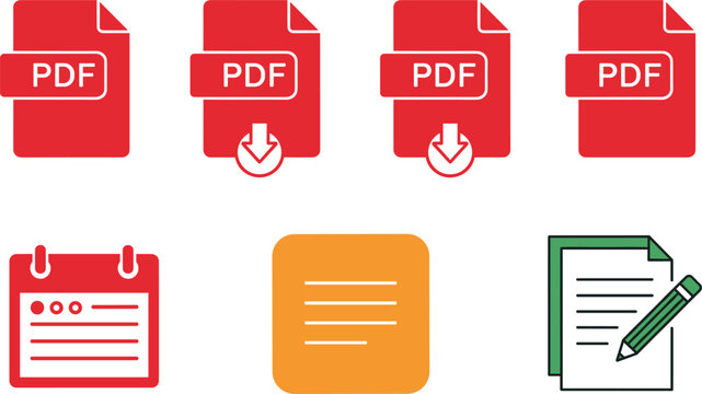PDF document and file management icon set download calendar edit report office symbols colorful flat vector illustration