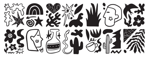 Matisse geometric doodle set organic shapes. Abstract floral naive art. Botanic elements boho aesthetics