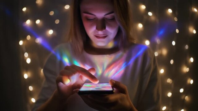 A young woman in a dimly lit room with string lights, illuminated by her smartphone screen's glow, interacting with a vibrant, holographic-like interface