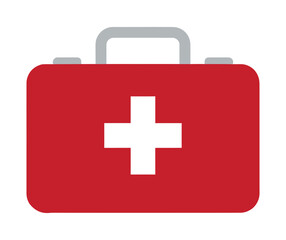 Obraz premium A simple, flat design illustration of a red first aid kit with a white cross on the front and a grey handle, isolated on a white background.