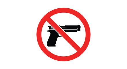 A stark red prohibition symbol displays a black firearm crossed out indicating a restriction on weapons silhouette high quality professional