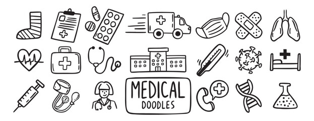 medical health care doodle hand drawn icon set. Outline drawing medical health care items line clipart symbol collection. Outline drawing line clipart symbol collection