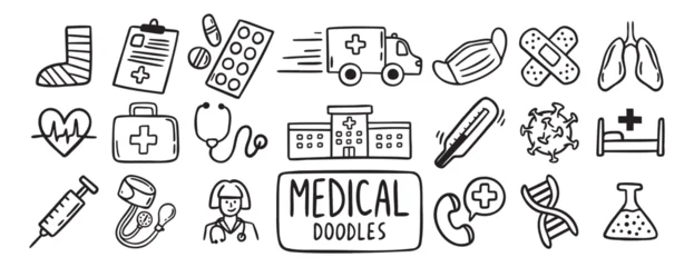 Fotobehang Karaktertjes medical health care doodle hand drawn icon set. Outline drawing medical health care items line clipart symbol collection. Outline drawing line clipart symbol collection  © Yanka