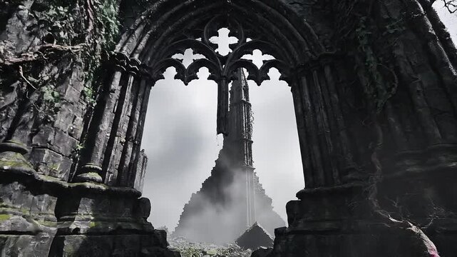 Abandoned Gothic Archway in Ruins with Overgrown Vines and Foggy Background
