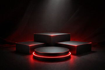 Premium sale podium background featuring matte black cubes accented with dramatic red lighting. Bold modern product stage ideal for Black Friday campaigns and Valentine&rsquo;s Day promotions  