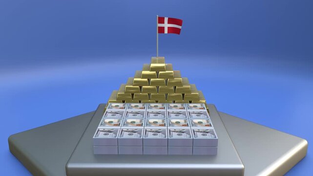 3D animation of Denmark flag with gold bar pyramid and stacks of dollar bills as a symbol of national wealth major investment and global economic stability on a podium.