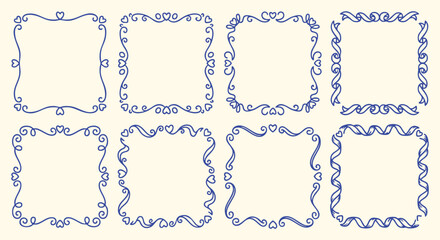 Obraz premium Hand drawn doodle frames and borders set with whimsical swirls and ribbons in a blue sketch style. A vector illustration collection for creating photo layouts, journaling, and invitations.