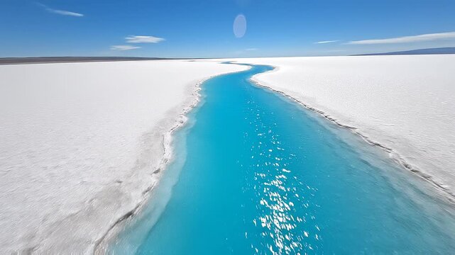 Aerial view of a vibrant turquoise river flowing through a vast, white salt flat under a clear blue sky