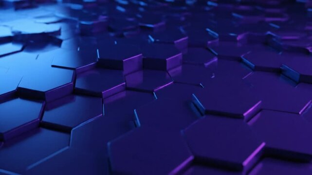 Futuristic 3D Hexagonal Tile Surface with Glossy Indigo and Violet Tessellation Pattern