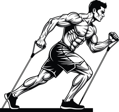Resistance band training illustration vector, muscular athlete workout silhouette, strength fitness exercise graphic, bodybuilding power training icon